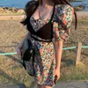 Korjpaa Kvinnor Klänning Korea Chic Retro Elegant Square Collar Floral Tube Top Tie Waist Single-Breasted Bubble Sleeve Vestido 210526