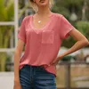 Summer Women T Shirt Solid Color V Neck Pocket Casual Loose Short Sleeve Tops Female Streetwear Beach Holiday Blouse 210603