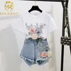 2021 夏の女性の 2 ピースセット刺繍 3D フラワー Tシャツ + デニムショーツセットヴィンテージビーズショーツ