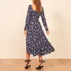 Col carré imprimé Vintage femmes robe 2020 Kaia Gerber printemps automne à manches longues en mousseline de soie robe mi-longue Sexy haute fente robes de soirée X0521