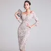 Sexy Floral Lace Bodycon Dress Off Shoulder Evening Party Sheath Spring Autumn 3/4 Sleeve Women Robe Femme 210603