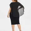 Mode Vrouwen Plus Size Cape O-hals Chiffon Patchwork Dubbellaags Casual Losse Dame Office Party Midi Pencil Dress