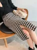 Houndstooth Woolen Skirt Korean Style مزاج AllMatch Thinner OneStep Split Aline Skirt 210311