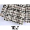 TRAF Moda Donna Doppio Petto Check T Blazer Cappotto Vintage Tasca a maniche lunghe Capispalla femminile Chic Veste Femme X0721