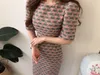 2021 Summer Autumn New Design Kvinnor O-hals Half Puff Sleeve Back Nacing Bow Slim midja Tweed Woolen Midi Long Pencil Dress 273n