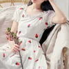 PERHAPS U White V-neck Strawberry Embroidery Puff Short Sleeve Empire Long Dress Empire Sweet Summer Beach Holiday D2433 210529