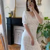 Elegant White Lace Dress Woman V-neck Summer Diamond Embroidery High Waist es Vestido Party Runway Female 210603