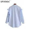 kpytomoa 여성 빈티지 패션 사무실 착용 주름 둥근 블라우스 긴 소매 진주 구슬 여성 셔츠 blusas mujer chic tops 210308