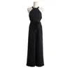 Talvez u chiffon preto vermelho mangas halter zíper bolso sólido longo comprimento total jumpsuit largo perna larga mulheres verão j0027 210529