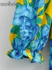 青い花の印刷のコントラスト色夏の女性のカジュアルなMidiのドレスパフスリーブシールトップハイウエストフィットとフレア210604