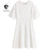 Fansilanen Ofis Bayanlar Örme Mavi Beyaz Elbise Kadın Yaz Tarzı Puf Kol Kısa Kollu A-Line Etek 210607