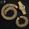 Kedjor Hip Hop 25mm 3pcs Kit Heavy Watch + Thorns Halsband + Armband Bling Crystal + Iced Out Kubanska Rhinestones för Män Smycken