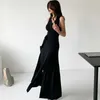 Svart Maxi Klänning Koreansk Laides Sexig Sommar Ärmlös V Neck Cabaret Party Robe En Linje Klänningar för Kvinnor 210602