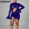 Flare Sleeve Mesh Hollow Out Bodycon Party Club Dress 210702