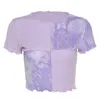 シックな作物トップスティーネーション染めスパンコールパッチワークの女性夏のTシャツのフリル裾紫色またはブル服210607