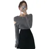 Moda coreana Otoño nuevas mujeres fuera del hombro estilo cruzado suéter de manga larga de punto tops Gris Negro 2 colores