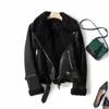 2022 New Women's Jacket Faux Shearling Sheepskin Retro Suede Päls Motorcykeljacka Bälte Löst Zaring Woman Jackets