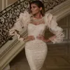 Luxury Dubai Prom Dresses Feather Appliqued Beads Sequins Evening Dresses Royal Long Sleeves Party Gowns Custom Made Ruffles Sweep Train