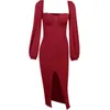 Casual Dresses Long Sleeve Square Neck Spring Summer Black Wrap Ruched Bodycon Dress Women Sexy Backless Elegant Party