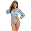 2022 Estilos Swimwear Mulheres Sexy Um pedaços Triângulo Swimsuit Beach Lady Padded Bra Moda Manga Longa Full Flower Imprimir Biquini