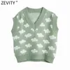 Zevity Women Fashion Vネッククラウドパターン編み物セーター女性ノースノースリーブカジュアルスリムベストシックレジャープルオーバートップS669 210805