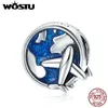 WOSTU Seyahat Charm 925 Ayar Gümüş Dünya Voyage Charms Mavi Emaye Boncuk Fit Orijinal DIY Bilezik Takı Q0531