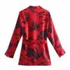 Za Vintage Floral Print Gürtel Bluse Frauen Langarm Wrap Elegante Büro Hemd Weibliche Mode Front Button Blume Top 210302