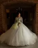 Luxury Cathedral Train Ball Gown Wedding Dresses Lace Long Sleeves Crystals Beaded Vintage Bride Dress 2021 Plus Size White Ivory Tulle robe de mariée