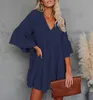 Casual Solid Donne Solid Delle Donne Abiti Sexy con scollo a V Flare Ruffles Tassel Primavera Autunno Ufficio Signora Dress Plus Size W152 210526