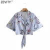 Zevity Summer Women Print Hem Knotted Short Blue Blouse Ladies Short Sleeve Chic Kimono Beskära Kemininas Blusas Tops LS9124 210603