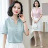 Korean Silk Women Blouses Shirt V-neck Woman Satin Solid Tops Plus Size Blusas Femininas Elegante 210531