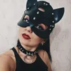 Vintage Leather Rivet Ears Cat Masks Girl Goth Sexy Cosplay Studs Mask For Woman Gothic Harness Halloween Accessory