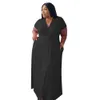 Vrouwen jurk korte mouw V-hals losse effen casual plus size lange maxi-jurk met pockets hite roze (XL-5XL)