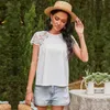 Lace Patchwork T Shirt Women Summer Casual Hollow Out Short Sleeve Solid Color Loose op Female O Neck Pullover ops 210526