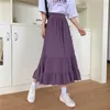 Paarse ruche lange geplooide rok zomer vrouwen harajuku hoge taille witte rokken Koreaanse massief kleur mode A-lijn rok 210619