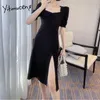 Yitimuceng Ruched Klänningar för Kvinnor Sommar Split Gaffel Koreansk Fashion Dress Kort Puff Sleeve Solid Vit Svart Sundress 210601