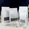 500Pcs White Kraft Paper Stand Up Side Gusset Zipper Lock Package Bag with Matte Window Tear Notch Zipper Storage Bag Cereals Nuts