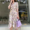Floral imprimé robe femmes été élégant longue français rétro col en v cordon violet mousseline de soie grande taille 210601