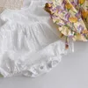 2 pièces automne bébé filles à manches longues blanc coton barboteuse avec gilet floral infantile corée combinaison enfants coréen barboteuses 210615