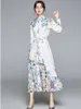 高品質の春のファッションエレガントな女性プリント長袖のターンダウンカラーカジュアルドレス210531