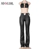 Adogirl Set da 2 pezzi Donna Crop Top + Pu Pantaloni Tute Club Abiti Sexy Party Night Tuta Moda Due pezzi Set coordinati Y0625