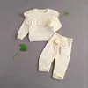 Kleidungssets 0–12 Monate Kleinkind Baby Mädchen Outfit-Sets aus glattem Samt, Rundhalsausschnitt, Rüschenbesatz, Oberteil, elastische Taille, Schleife, Hosenkleidung