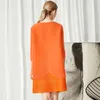 フラワードリルメッシュプリーツドレス女性の夏3四半期スリーブ緩いカジュアルオレンジ色のドレスマザーギフト2D3930 210526