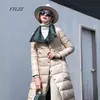 FTLZZ Women Double Sided Down Long Jacket Breasted Snow Outwear Warm Parka Stand Collar Lapel 90% White Duck Coat 210923
