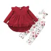 Çocuklar Giyim Setleri Kızlar Çiçek Kıyafetler Çocuk Uçan Kollu Elbise Tops + Çiçek Baskı Pantolon + Kafa 3 adet / takım Bahar Sonbahar Moda Butik Bebek Giysileri
