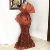 Robe de soirée de forme sirène africaine, tenue de soirée Chic en dentelle, paillettes, grand nœud, longue, décolleté en V profond, grande taille, robe de soirée pour femmes