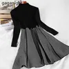 Knitted Women Stretchy Dress Long Sleeve Pleated Vestidos Office Lady Bodycon Chic Robe A Line Fashion Dresses Party 210601