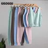 Gigogou 3 szt. Garnitury dzianiny z długim rękawem Kurtka Sweter Cardigan Tank Top Spodnie Kobiety Moda Solid Constume Set Casual Dress 210819