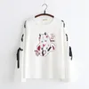 Neploe Automne Japonais À Manches Longues T-shirt Dessin Animé Imprimé T-shirt Harajuku Croix Bowknot Bandage T-Shirts Blanc Noir Tops 210317