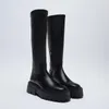 Bottes longues en cuir PU noir pour femmes, semelle rainurée, hauteur du genou, bout rond, bas élastique à enfiler